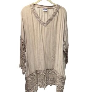 Shoreline Womens 3XL Tan Crochet Lace Trim Crinkle Gauze V-Neck Tunic Top